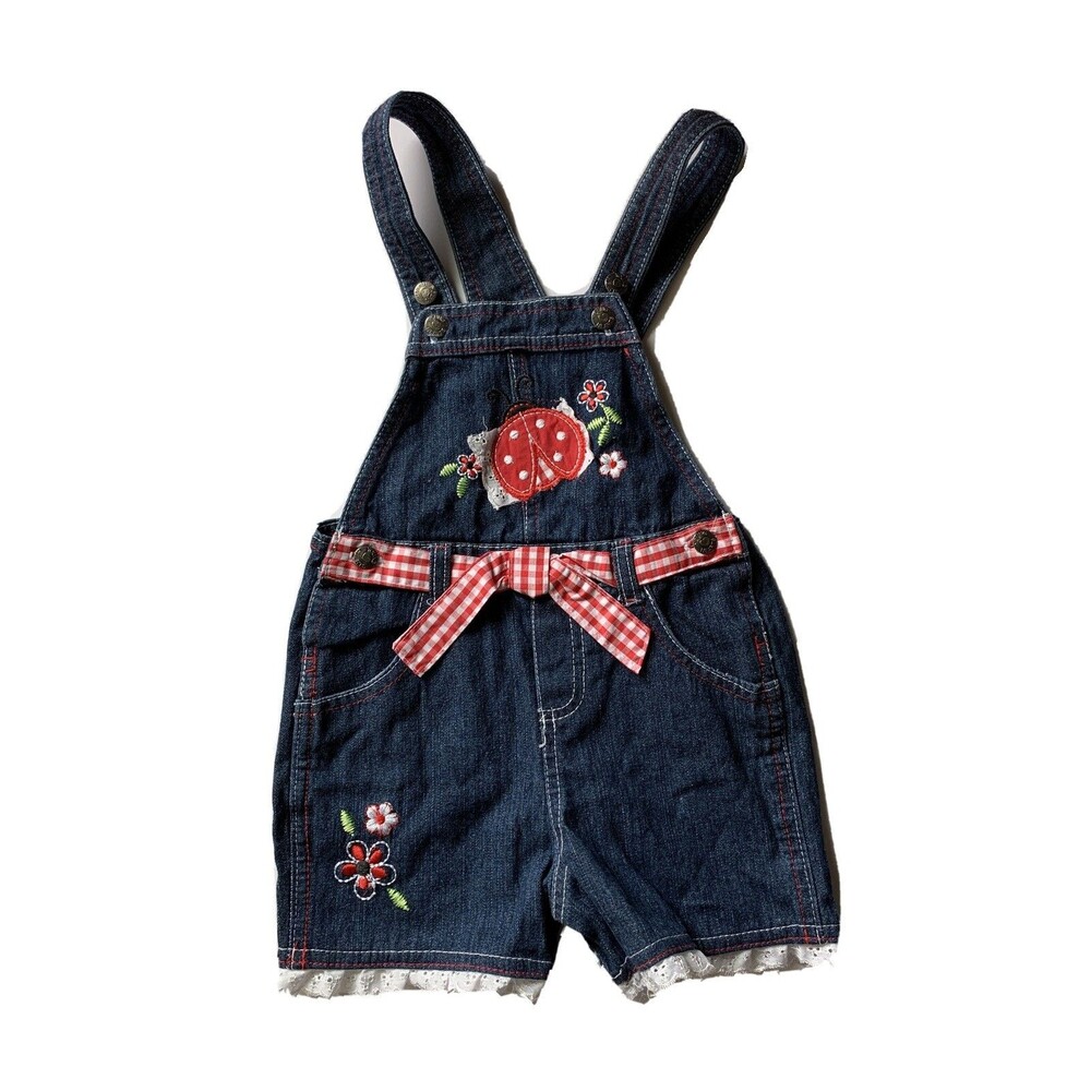 Young Hearts Ladybug Floral Applique Shortall Short Overalls Girls Size 5 Cotton